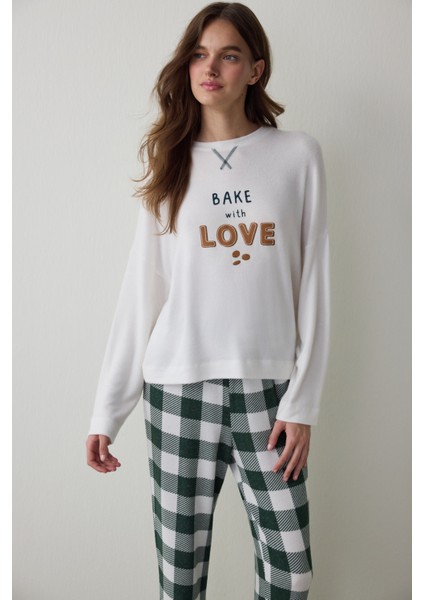 Kırık Beyaz With Love Slogan Baskılı Termal Etkili Sweatshirt Pijama Üstü