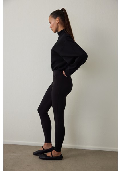 Siyah Gizli Cep Görünümlü Yüksek Bel Tayt