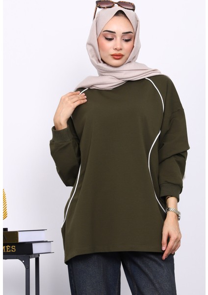 Haki Biyeli İki İplik Sweatshirt