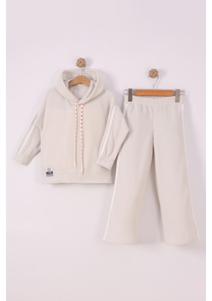 Kız Çocuk Çiçek Baskılı Ipli Şeritli Pantolon Fitilli Polar Takım