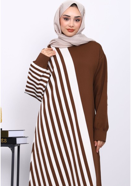 Kahverengi Çizgili Triko Elbise modelleri