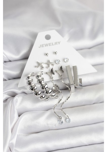 Gümüş Renk Pirinç 6 Lı Kadın Küpe Seti