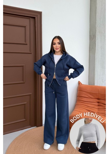 Kadın Çift Fermuar Detaylı Kapüşonlu Kışlık Şardonlu Oversize Eşofman Takımı