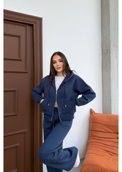 Kadın Çift Fermuar Detaylı Kapüşonlu Kışlık Şardonlu Oversize Eşofman Takımı fiyatları