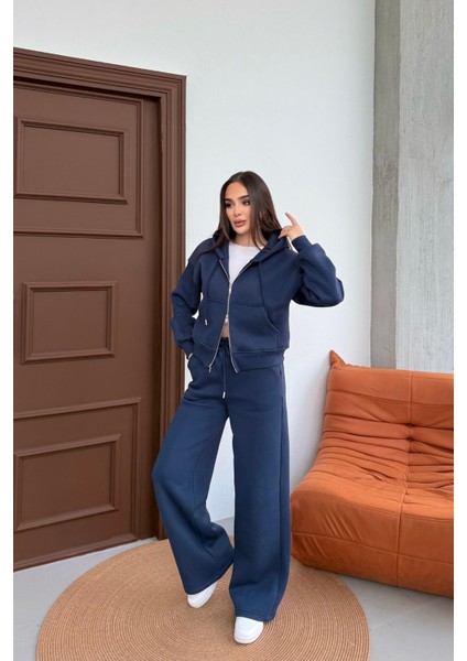 Kadın Çift Fermuar Detaylı Kapüşonlu Kışlık Şardonlu Oversize Eşofman Takımı modelleri