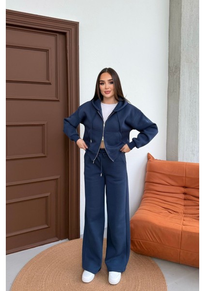 Kadın Çift Fermuar Detaylı Kapüşonlu Kışlık Şardonlu Oversize Eşofman Takımı fırsatları