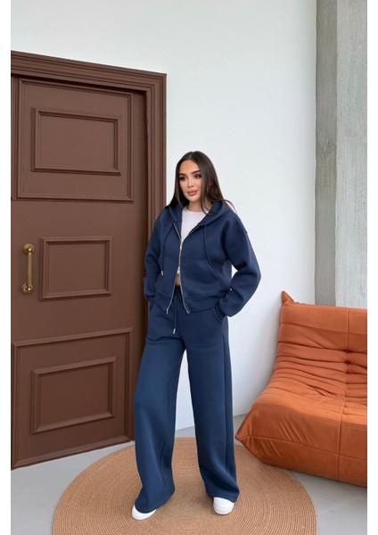 Kadın Çift Fermuar Detaylı Kapüşonlu Kışlık Şardonlu Oversize Eşofman Takımı indirimleri