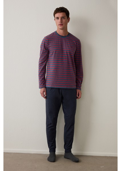 Kırmızı Erkek Çizgili Jogger Pijama Takımı