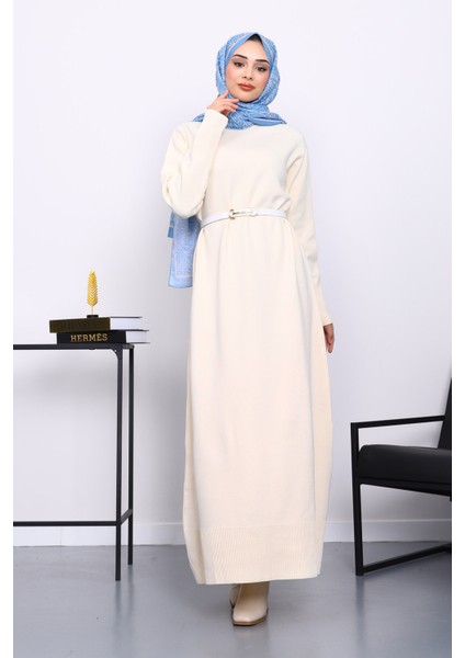 Krem Bisiklet Yaka Triko Elbise fiyatları