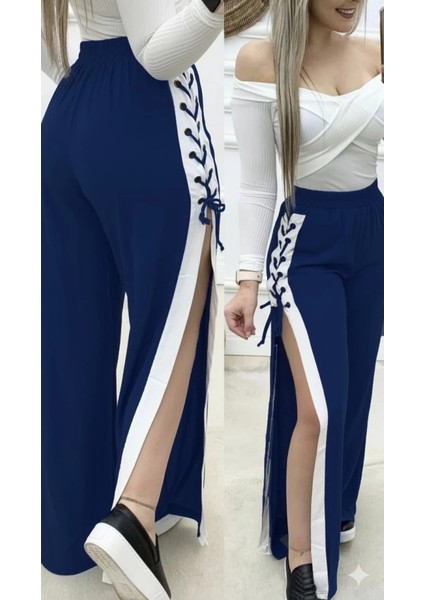 Mdb Kadın Yüksek Bel Yandan Çapraz Bağcıklı Yırtmaçlı Viskon Iki Iplik Pantolon