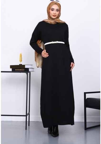 Siyah Bisiklet Yaka Triko Elbise