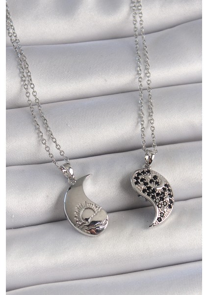 316L Çelik Gümüş Renk Zincir Zirkon Taşlı Ying Yang Model Gün Batımı Işlemeli Arakdaşlık Kadın Kolye