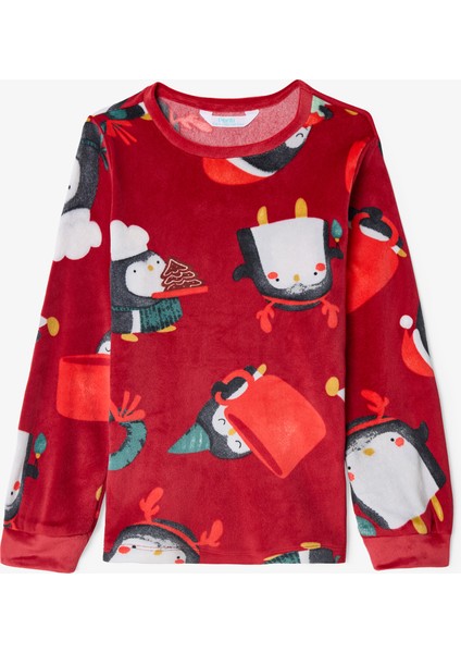 Kırmızı Kız Çocuk Penguen Desenli Uzun Kollu Pijama Takımı fiyatları