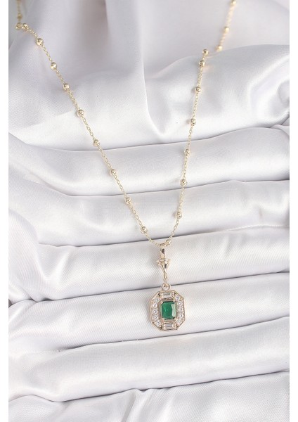 Pirinç Gold Renk Zirkon Taşlı Topçuk Zincir Serenay Model Kadın Kolye