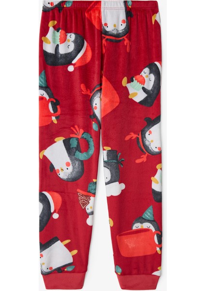 Kırmızı Kız Çocuk Penguen Desenli Uzun Kollu Pijama Takımı modelleri