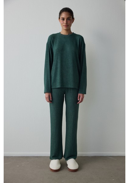 Koyu Yeşil Coziness Bisiklet Yaka Uzun Kol Pijama Takımı