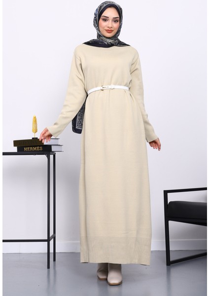 Bej Bisiklet Yaka Triko Elbise
