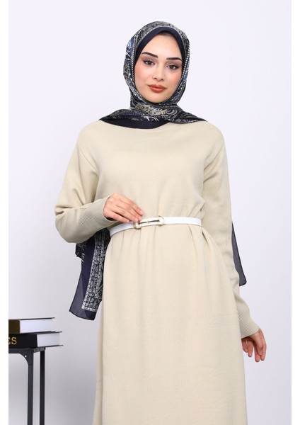 Bej Bisiklet Yaka Triko Elbise modelleri