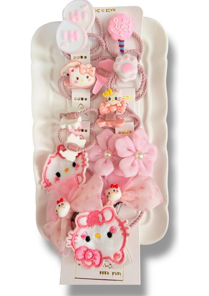 Kız Çocuk 18LI Mine Kaplamalı Kitty ve Fiyonk Figürlü Karışık Renk Çocuk Lastik Toka Seti