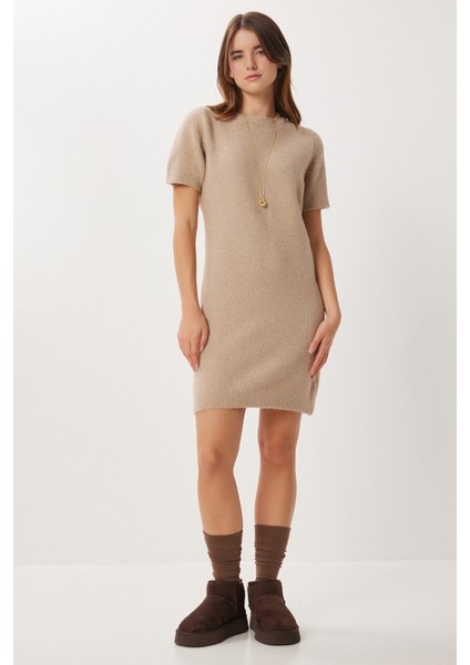 Yün Karışımlı Basic Triko Elbise LAN0084 Bej