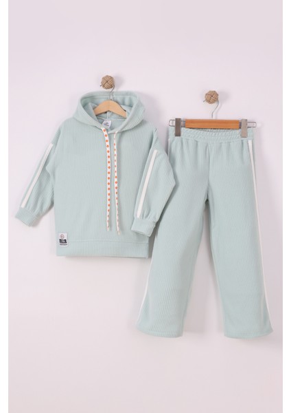 Kız Çocuk Çiçek Baskılı Ipli Şeritli Pantolon Fitilli Polar Takım