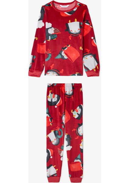 Kırmızı Kız Çocuk Penguen Desenli Uzun Kollu Pijama Takımı