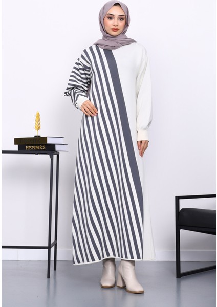 Ekru Çizgili Triko Elbise fiyatları