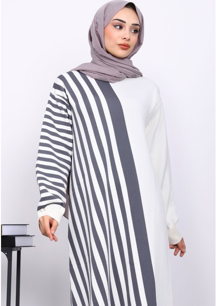 Ekru Çizgili Triko Elbise modelleri