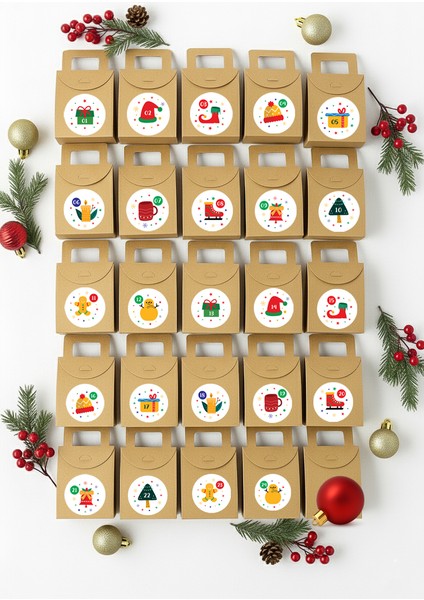 Kraft Advent Calendar 24 Adet Boş Hediye Kutusu Seti 10X15X5,5 cm + 24 Adet Numara Etiketi fiyatları