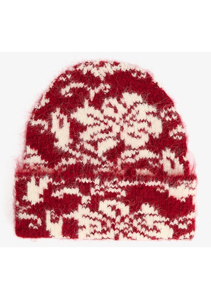 Şarap Çiçek Detaylı Çizgili Bere