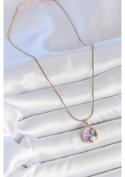 316L Çelik Gold Renk Zincir Mor Çiçek Işlemeli Zirkon Taş Inci Detaylı Minimal Portre Model Kadın Kolye