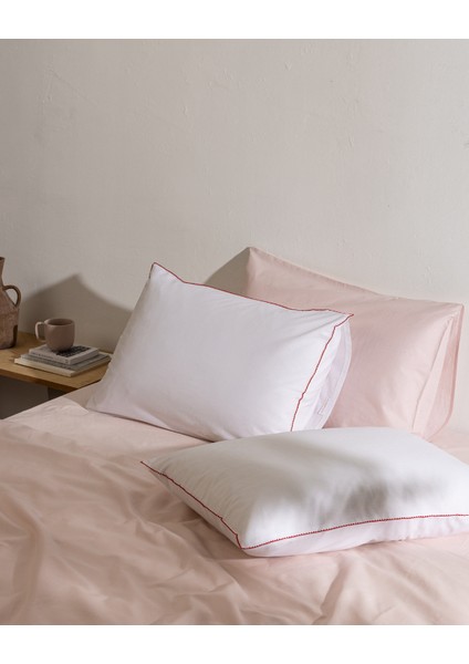 Aulne %100 Pamuk 2'li Yastık Kılıfı - Beyaz/kırmızı