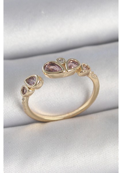 Pirinç Gold Renk Pembe Damla Zirkon Taşlı Ayarlanabilir Kadın Yüzük