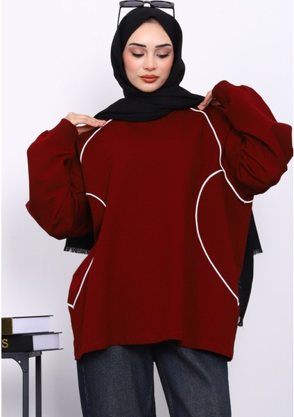 Bordo Biyeli İki İplik Sweatshirt