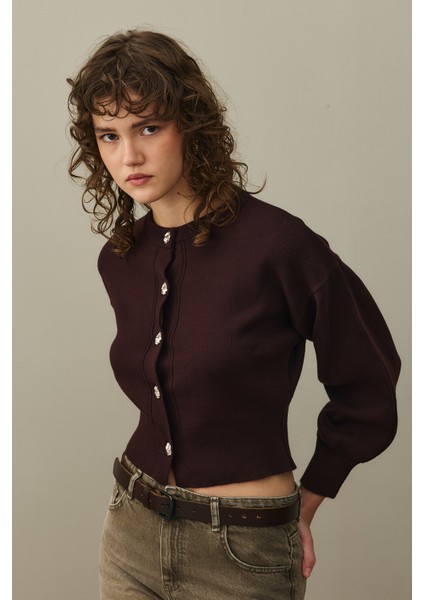 Dore Düğmeli Triko Hırka Mürdüm modelleri