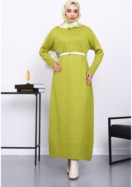 Yağ Yeşili Bisiklet Yaka Triko Elbise