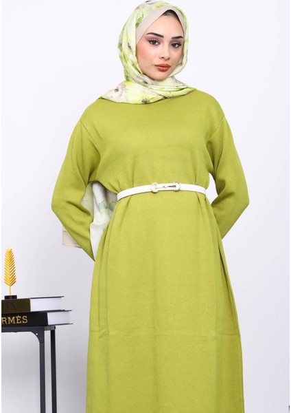 Yağ Yeşili Bisiklet Yaka Triko Elbise modelleri