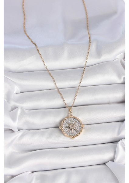 316L Çelik Gold Renk Zirkon Taşlı Pusula Model Kadın Kolye