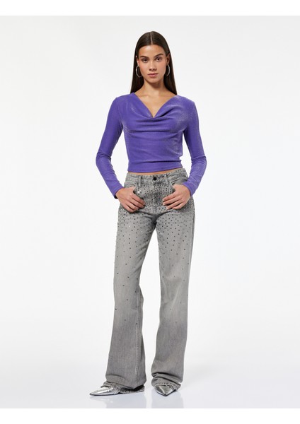 Slim Fit Uzun Kollu Simli Degaje Yaka Tişört fiyatları