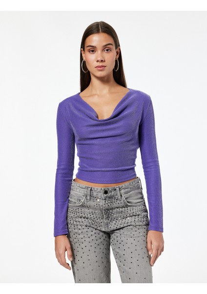 Slim Fit Uzun Kollu Simli Degaje Yaka Tişört modelleri