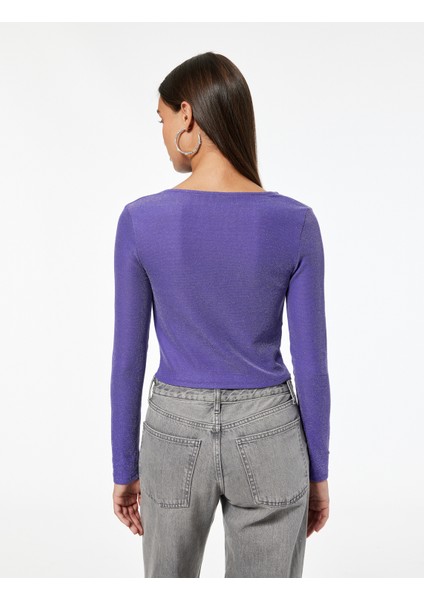 Slim Fit Uzun Kollu Simli Degaje Yaka Tişört fırsatları