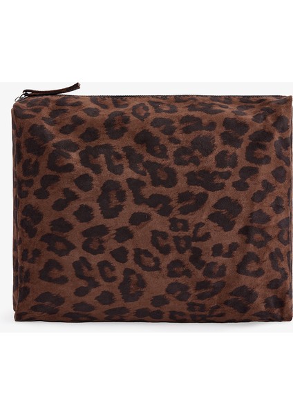 Kahverengi Leopar Desenli Makyaj Çantası