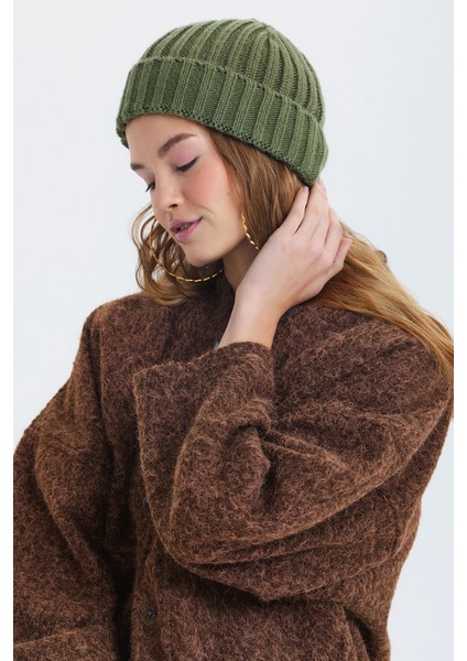 Örgü Katlamalı Unisex Kışlık Bere Haki