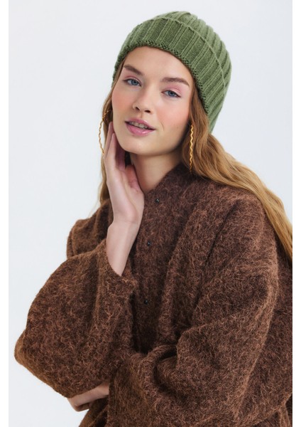 Örgü Katlamalı Unisex Kışlık Bere Haki modelleri