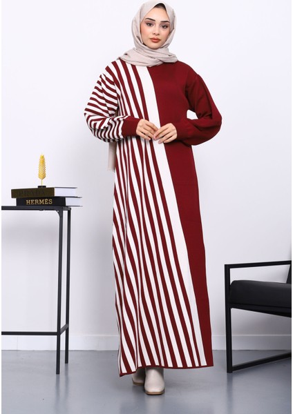 Bordo Çizgili Triko Elbise
