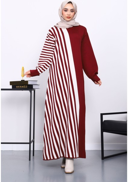 Bordo Çizgili Triko Elbise fiyatları
