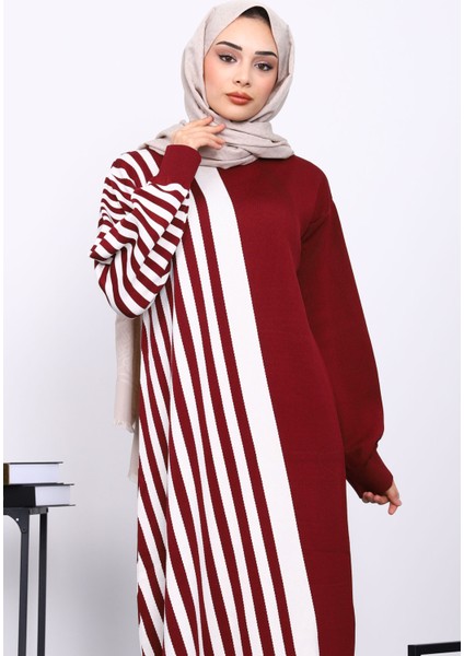 Bordo Çizgili Triko Elbise modelleri