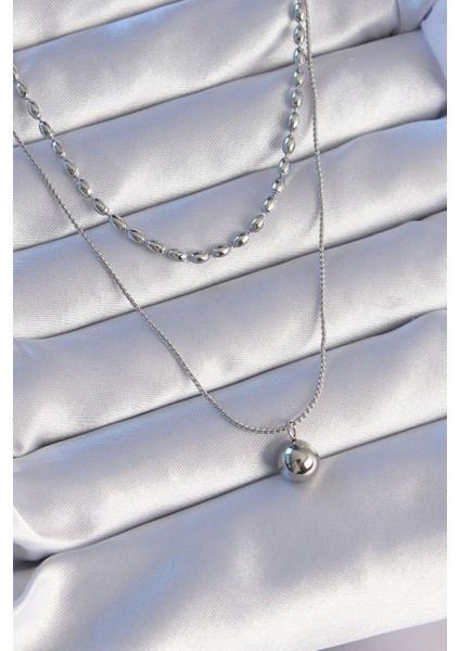 316L Çelik Çift Zincirli Gümüş Renk Topçuk Model Kolye fiyatları