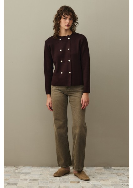 Çift Düğme Crop Hırka Mürdüm