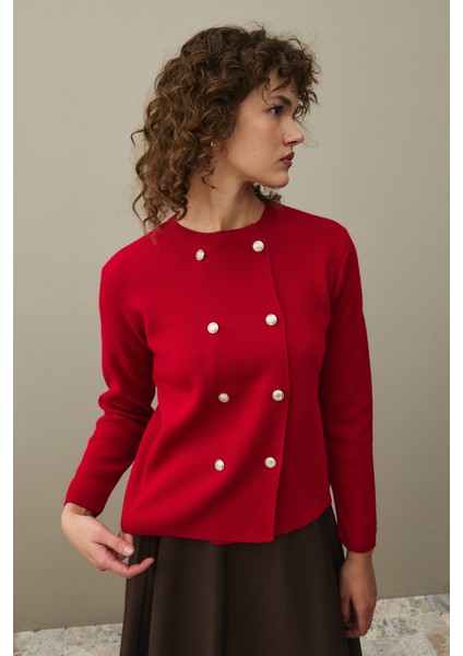 Çift Düğme Crop Hırka Kırmızı fiyatları